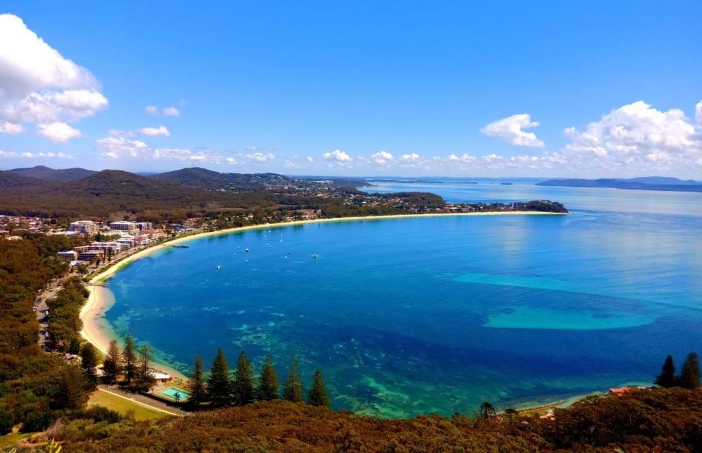 Bird's-eye view of Shoal Bay, Port Stephens, as seen from Tomaree Head Summit walk.