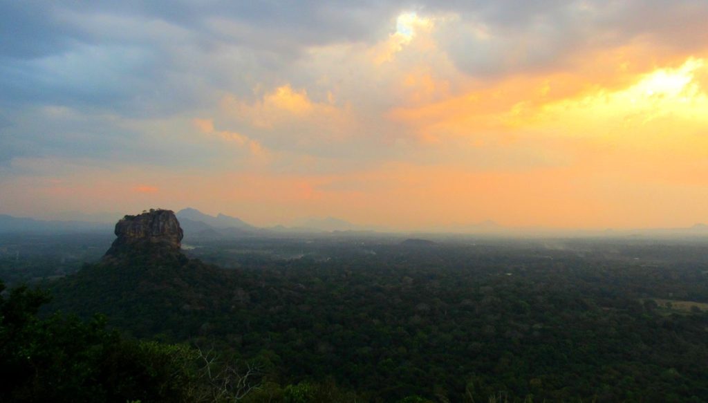 View over Sigiriya, Sri Lanka from Pidurangala Rock, with Lion Rock to the left of the image.